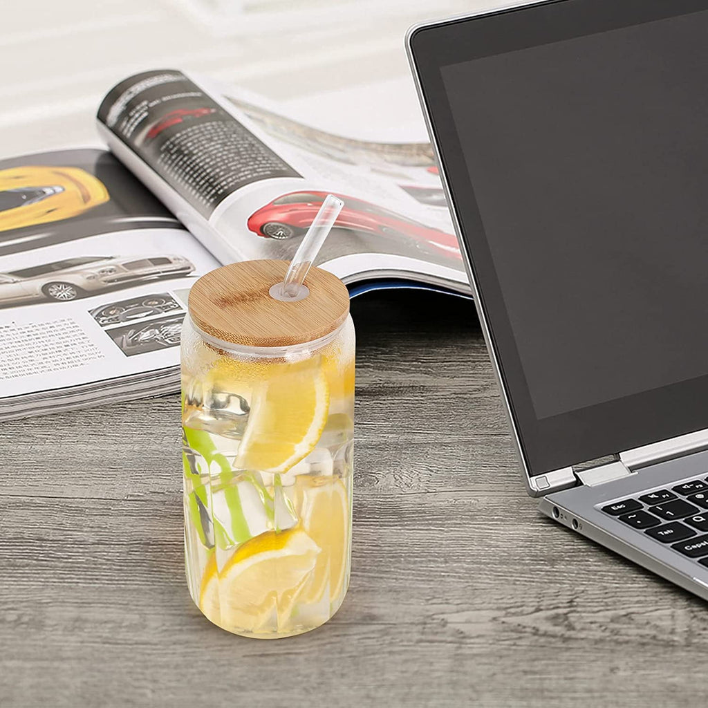 AYAOQIANG 8pcs Glass Cups with Bamboo Lids and Glass Straws, 16oz Drinking Glasses Can Shaped Glass Cups, Beer Glasses, Iced Coffee Glasses with 2 Cleaning Brushes