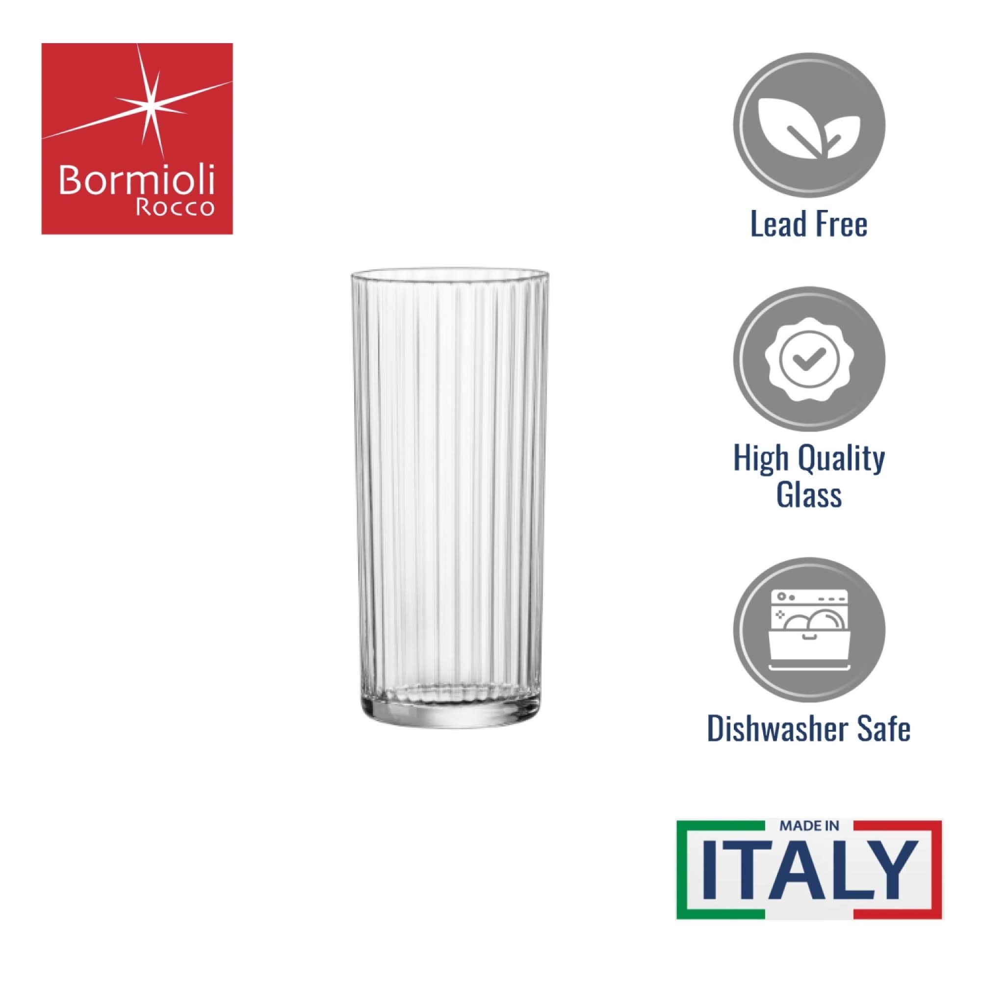 Bormioli Rocco Exclusiva Tom Collins Glasses - Set of 12, Laser Cut Thin Rim, Secure Edge Thermal Strong Rims - 16oz Star Glass Tumblers for Cocktails, Water & Beverages, Made in Italy, Lead-Free