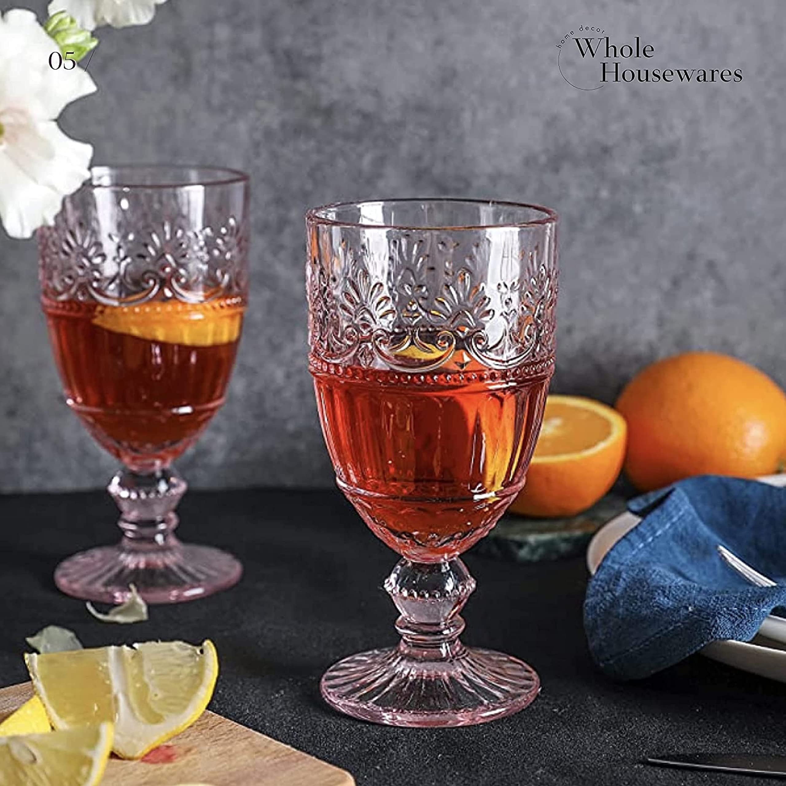 Whole Housewares | Colored Glass Goblet 11 Oz Embossed Design Wedding Glass Set | 1