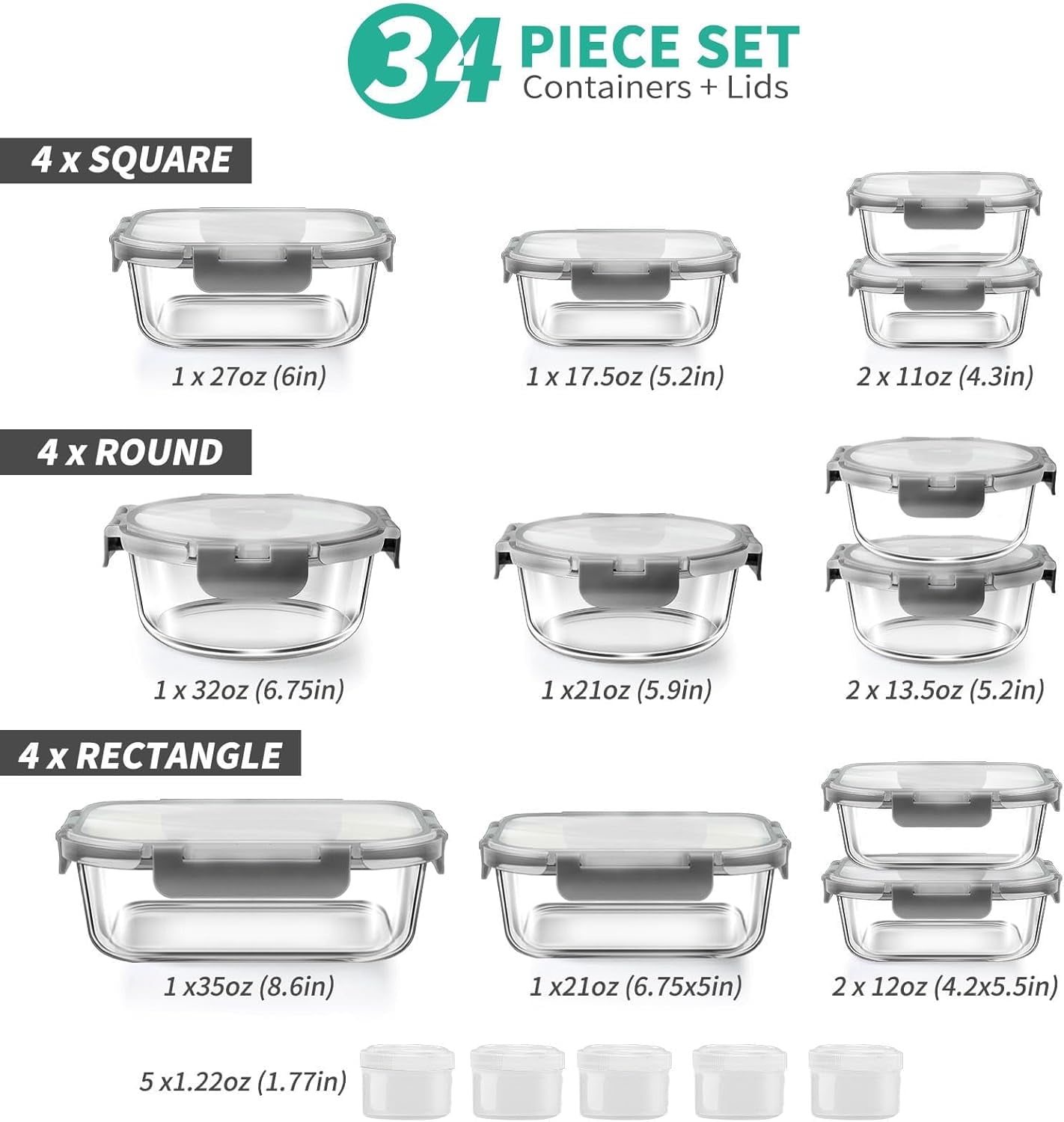 34pcs Glass Food Storage Containers with Lids Set, Airtight Meal Prep Containers (17 Containers & 17 Lids), Grey
