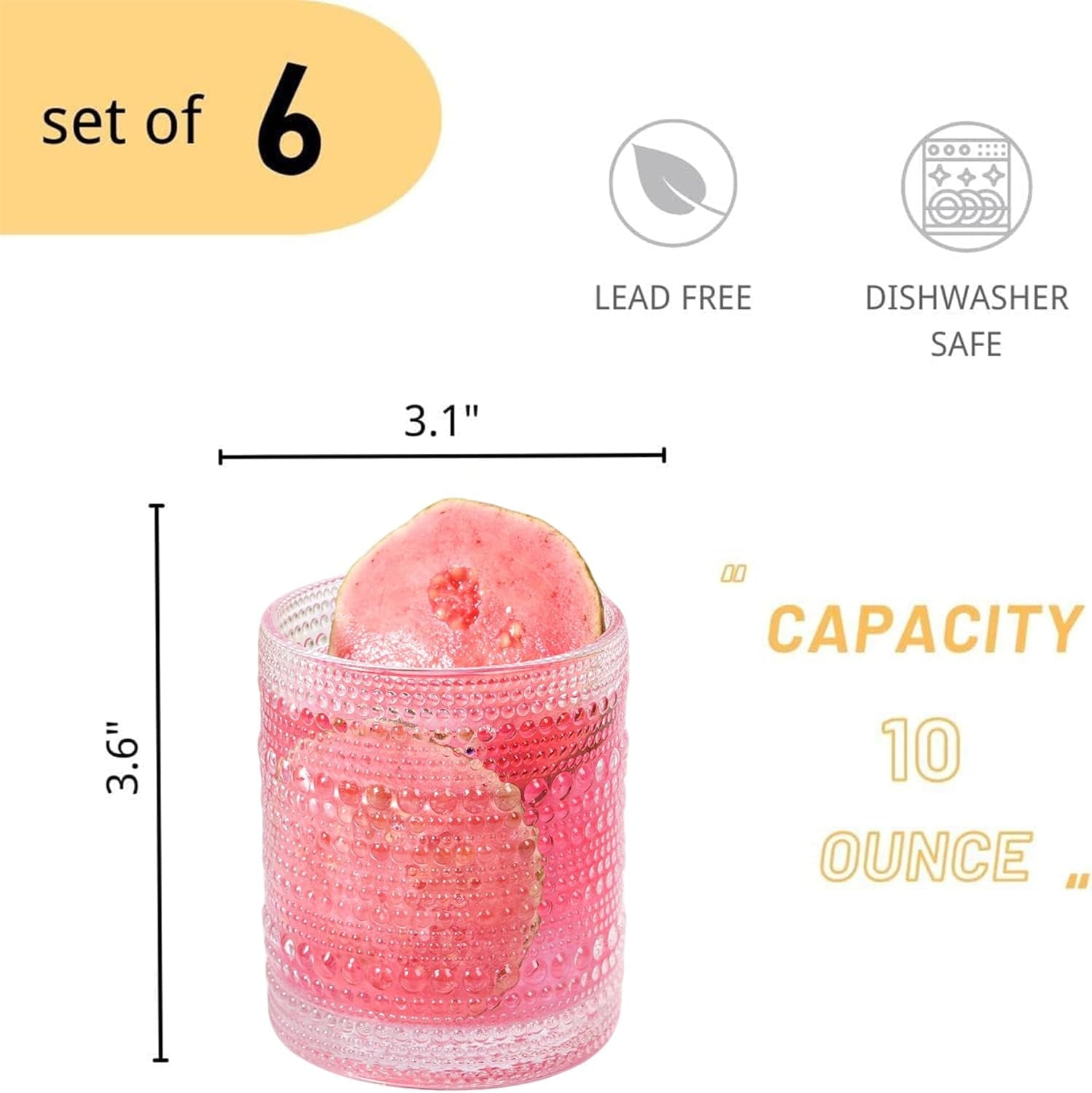 KitchenKey Cocktail Glasses 10 oz Hobnail Drinking Glasses Set of 6, Vintage Glassware, Textured Glass Cups Bubble Glasses Water Glasses Old Fashion Jupiter Glasses Set, clear