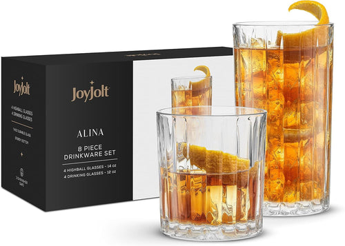 JoyJolt Alina Clear Ribbed Glass Drinking Glass Set, Highball Glasses and Tumbler Glasses - Set of 8