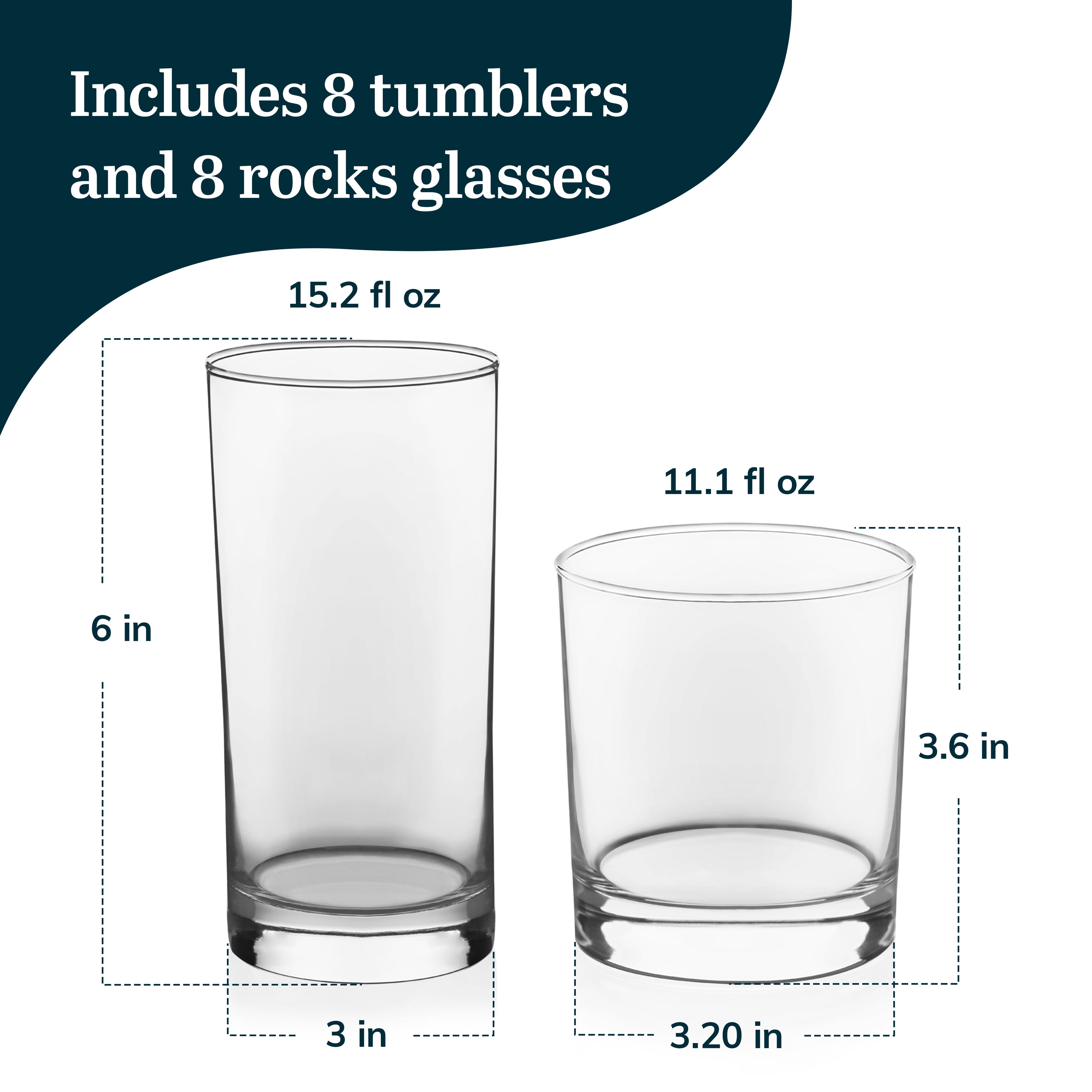 Libbey Province Tumbler and Rocks Glass Set, Elegant Drinkware Glasses Set, Dishwasher Safe Drinking Glasses Set of 16