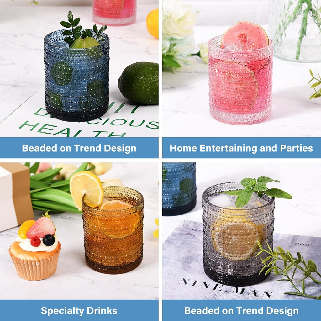 KitchenKey Cocktail Glasses 10 oz Hobnail Drinking Glasses Set of 6, Vintage Glassware, Textured Glass Cups Bubble Glasses Water Glasses Old Fashion Jupiter Glasses Set, clear