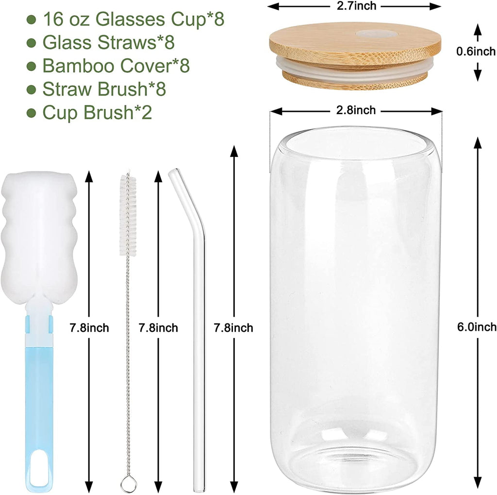 AYAOQIANG 8pcs Glass Cups with Bamboo Lids and Glass Straws, 16oz Drinking Glasses Can Shaped Glass Cups, Beer Glasses, Iced Coffee Glasses with 2 Cleaning Brushes