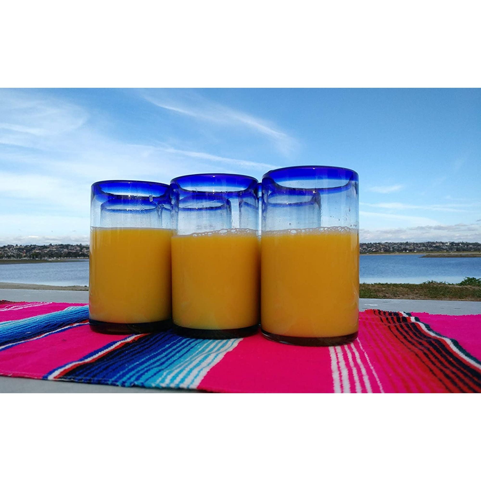 Hand Blown Drinking Glasses – Set of 6 Glasses with Cobalt Blue Rims 14 oz.